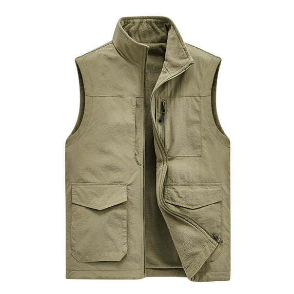 HOOMEUMY Mens Cargo Vest Stand Collar Jacket Padded Design Casual Workout Sleeveless Clothes Fashion 2025 Trendy Classic Solid Coat Khaki XXXL