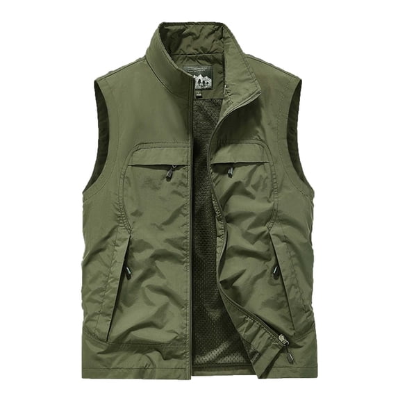 HOOMEUMY Mens Cargo Vest Deals Standing Collar Jacket Pocket Design Casual Workout Sleeveless Clothes Fashion 2024 Trendy Classic Solid Coat Green XXL