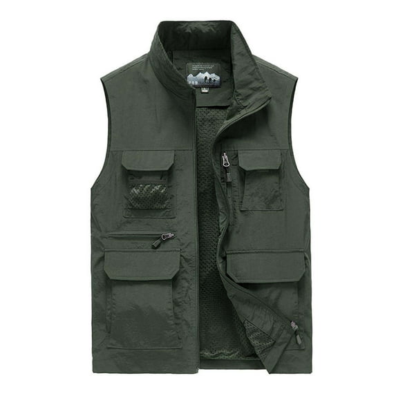 HOOMEUMY Mens Cargo Vest Workout Sleeveless Clothes Fashion 2025 Trendy Classic Solid Coat Standing Collar Jacket Pocket Design Casual Green XL