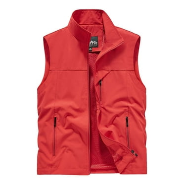 HOOMEUMY Mens Cargo Vest Deals Workout Sleeveless Clothes Fashion 2024 Trendy Classic Solid Coat Standing Collar Jacket Pocket Design Casual Red XXL