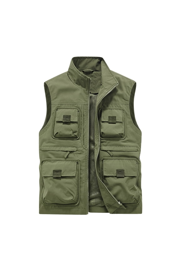 Mens Cargo Vest Fashion 2025 Trendy Classic Solid Coat Stand Collar Jacket Mountaineering Design Casual Workout Sleeveless Clothes Army Green M