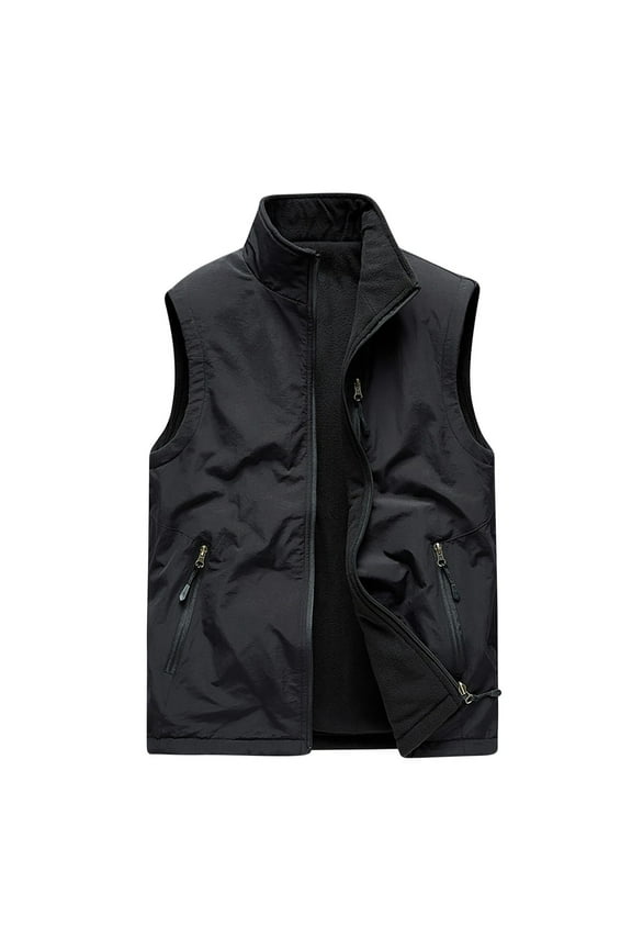 Mens Cargo Vest Sleeveless Clothes Fashion 2025 Trendy Classic Solid Coat Stand Collar Jacket Thin Velvet Design Casual Workout Black XXXXXL