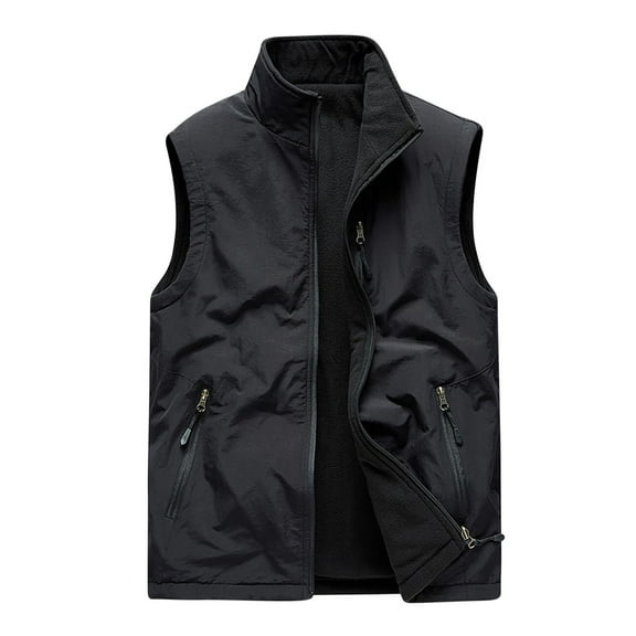 HOOMEUMY Mens Cargo Vest Sleeveless Clothes Fashion 2025 Trendy Classic Solid Coat Stand Collar Jacket Thin Velvet Design Casual Workout Black XXXXXL