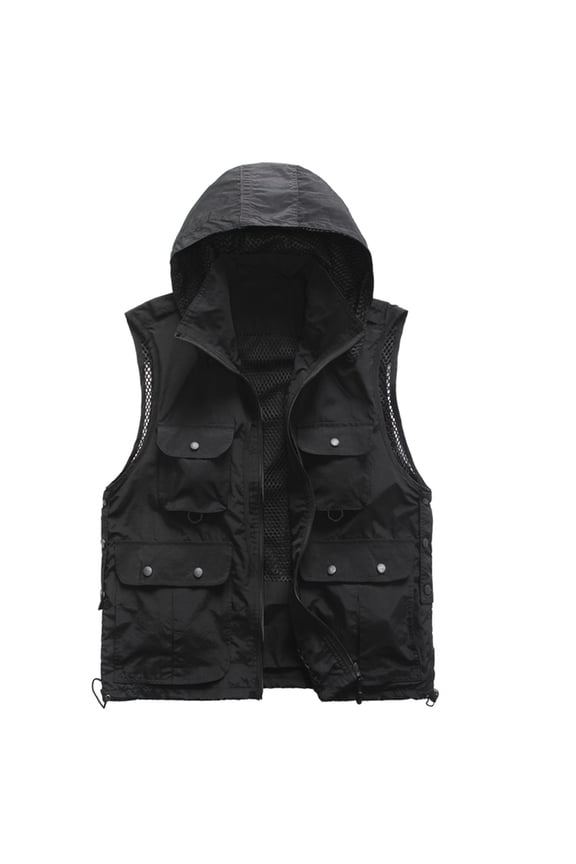 Mens Cargo Vest Stand Collar Jacket Quick Dry Design Casual Workout Sleeveless Clothes Fashion 2025 Trendy Classic Solid Coat Black XL