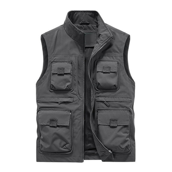 HOOMEUMY Mens Cargo Vest Workout Sleeveless Clothes Fashion 2025 Trendy Classic Solid Coat Stand Collar Jacket Mountaineering Design Casual Gray XL