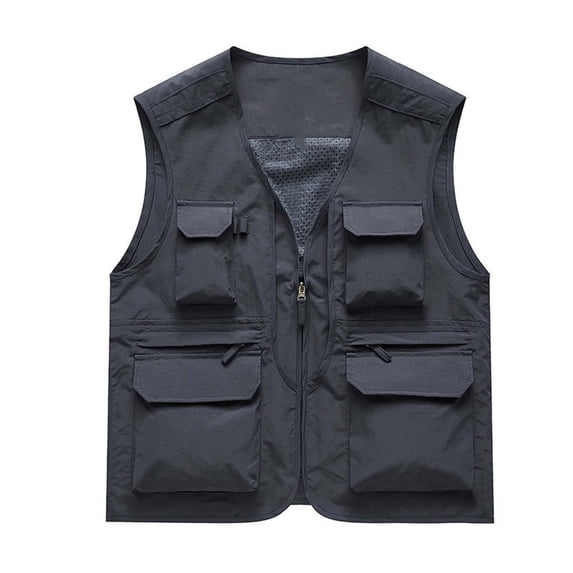 HOOMEUMY Mens Cargo Vest Workout Sleeveless Clothes Fashion 2025 Trendy Classic Solid Coat Standing Collar Jacket Pocket Design Casual Gray XXXXXL