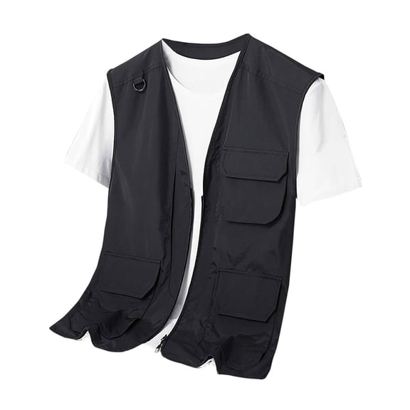 HOOMEUMY Mens Cargo Vest Workout Sleeveless Clothes Fashion 2025 Trendy Classic Solid Coat V-Neck Jacket Pockets Design Casual Black XL