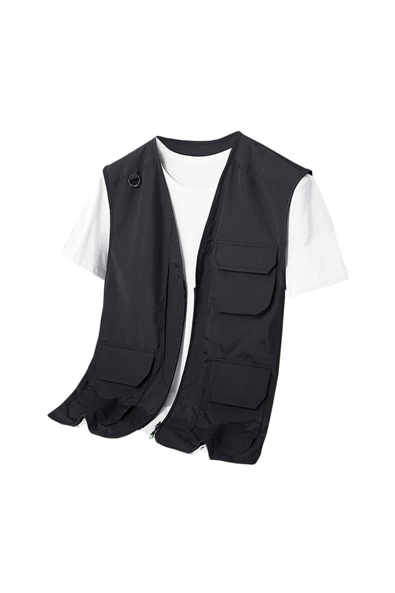 Mens Cargo Vest Workout Sleeveless Clothes Fashion 2025 Trendy Classic Solid Coat V-Neck Jacket Pockets Design Casual Black XL