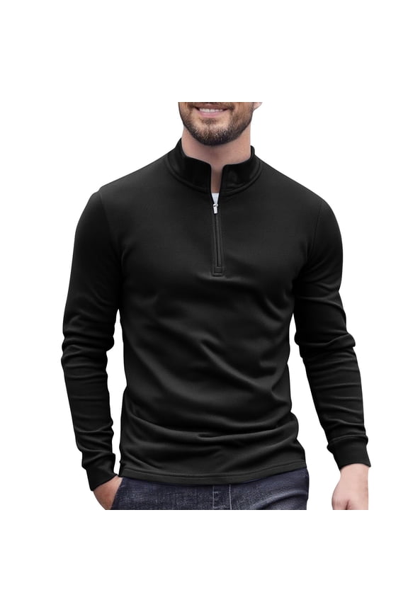 Mens Casual Long Sleeve Shirts Comfy Spring Crew Neck Solid Color Stand Up Collar Half Zipper Bottom Top Long Sleeve Lightweight Shirt (Black,S)