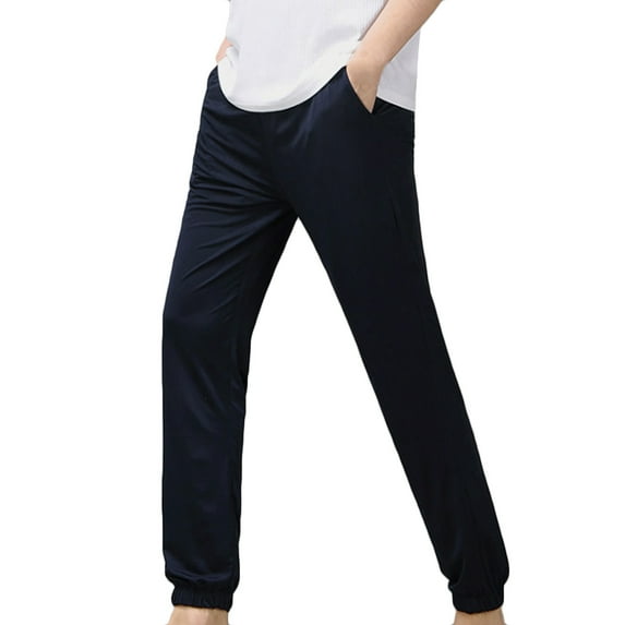 HOOMEUMY Mens Casual Pants Deals Pocketed Trousers Bound Feet Pants Ice Silk Design Versatile Basic Elastic Waist Style Fashion 2024 Trendy Blue S