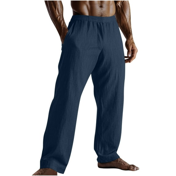 HOOMEUMY Mens Casual Pants Solid Color Baggy Pants with Pocket Summer Lightweight Wide Leg Pant Trousers (Navy,M)