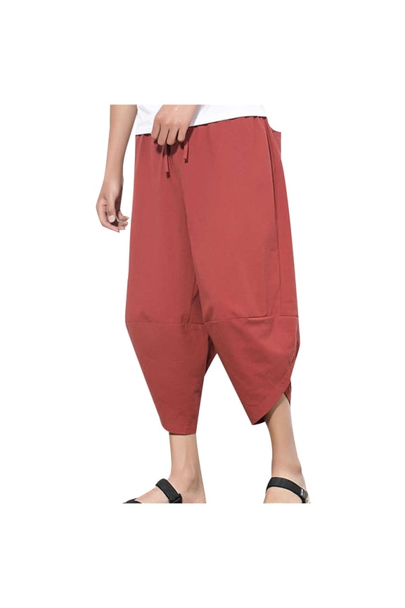 Mens Casual Pants Solid Color Loose Drawstring Elastic Waist Wide Legs Pants Baggy Pant (Red,XXL)