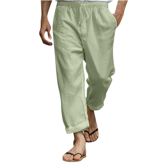 HOOMEUMY Mens Casual Pants Summer Fashion Solid Color Elastic Drawstring Waist Straight-Legs Breathable Lightweight Long Pants (Green,L)