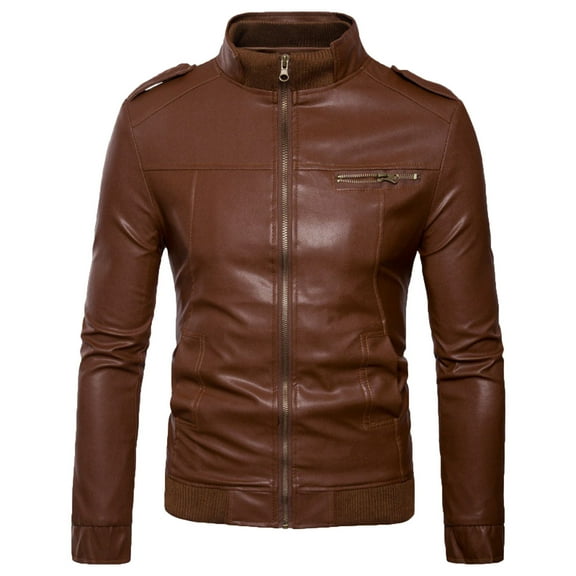 HOOMEUMY Mens Classic Leather Jacket Slim Fit Design Casual Workout Raglan Sleeve Clothes Fashion 2025 Trendy Classic Solid Coat Stand Collar Jacket Brown L