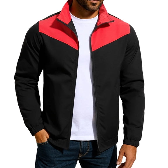 HOOMEUMY Mens Colorblock Jacket Long Sleeve Comfy Regular Fit Windbreaker Zip Up Casual Fashion Coat with Pockets (Red,XL）