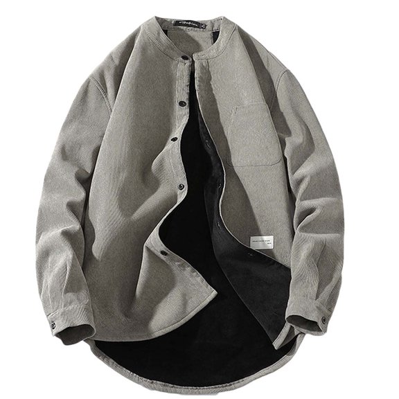 HOOMEUMY Mens Corduroy Warm Jackets Long Sleeve Clothes Fashion 2025 Trendy Classic Solid Coat Crew Neck Jacket Loose Fit Design Casual Workout Gray XXXL