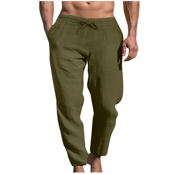 HOOMEUMY Mens Cotton Linen Pants Versatile Basic Elastic Waist Style Fashion 2025 Trendy Straight Trousers Pocketed Pants Drawstring Design Green L