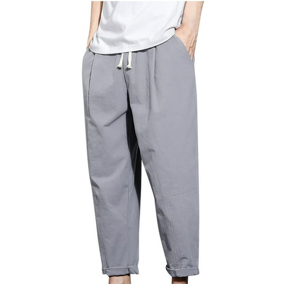 HOOMEUMY Mens Cotton Linen Pants Versatile Basic Drawstring Style Fashion 2025 Trendy Straight Trousers Casual Pants Loose Fit Design Gray M