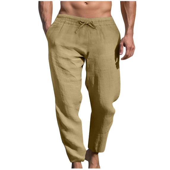 HOOMEUMY Mens Cotton Linen Pants Versatile Basic Elastic Waist Style Fashion 2025 Trendy Straight Trousers Pocketed Pants Drawstring Design Yellow XXXL