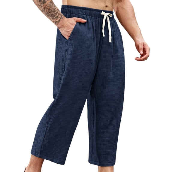 HOOMEUMY Mens Crinkled Gauze Pants Drawstring Elastic Waist Casual Summer Trousers Light Breathable For Beach Vacation Daily Wear