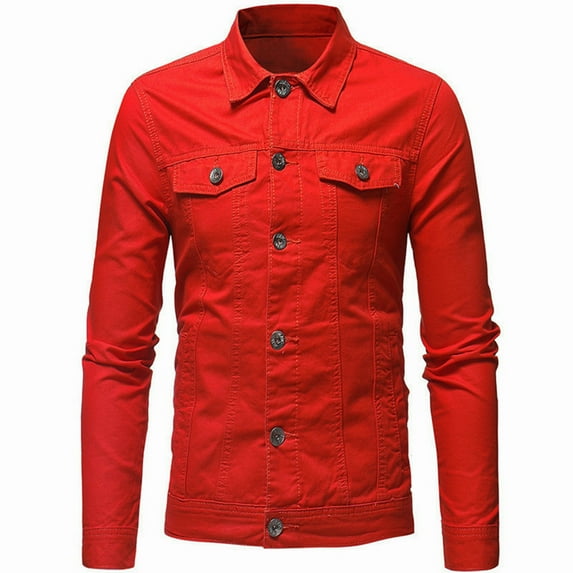 HOOMEUMY Mens Denim Cargo Jacket 2025 Trendy Classic Solid Coat Turndown Collar Design Slim Fit Stretch Button Down Jacket Casual Workout Long Sleeve Clothes Fashion Red XXL