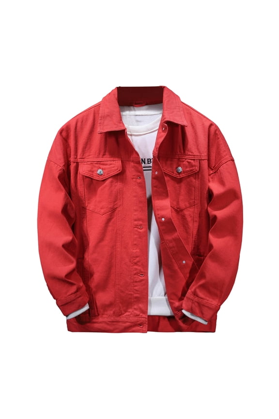 Mens Denim Jacket Long Sleeve Clothes Fashion 2025 Trendy Classic Solid Coat Turndown Collar Jacket Cargo Design Casual Workout Red S