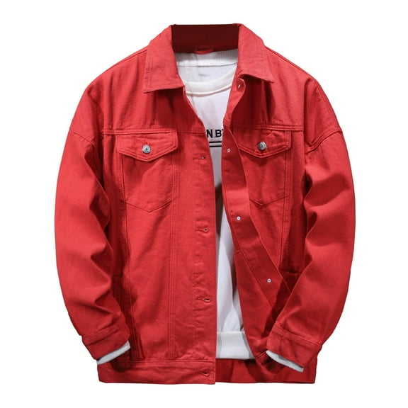 HOOMEUMY Mens Denim Jacket Workout Long Sleeve Clothes Fashion 2025 Trendy Classic Solid Coat Turndown Collar Jacket Cargo Design Casual Red M