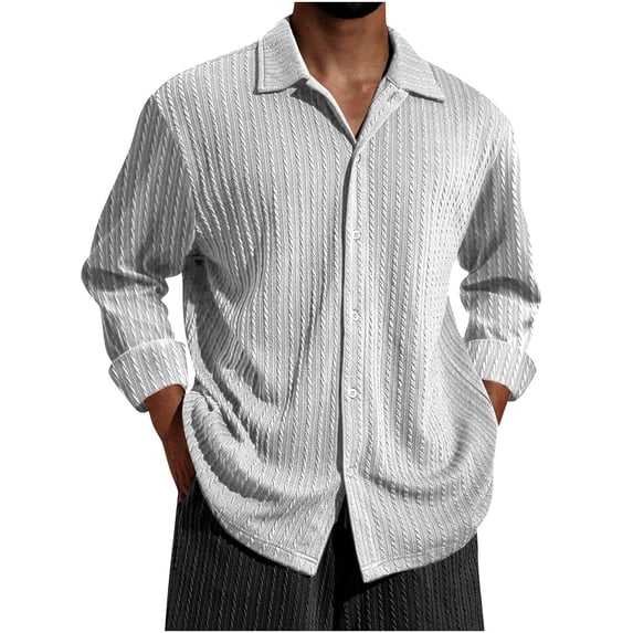 HOOMEUMY Mens Dress Shirts Long Sleeve Button Turndown Collar Fashion Shirts Spring Long Sleeve V-Neck Lightweight Solid Color Comfy Shirt (White,XXL)