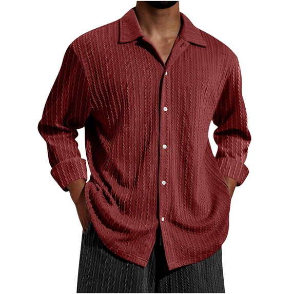 HOOMEUMY Mens Dress Shirts Long Sleeve Button Turndown Collar Fashion Shirts Spring Long Sleeve V-Neck Lightweight Solid Color Comfy Shirt (Wine,M)