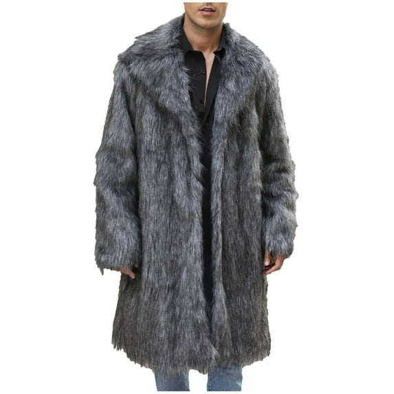HOOMEUMY Mens Faux Fur Coat 2025 Trendy Classic Solid Coat Turndown Collar Jacket Padded Design Casual Workout Long Sleeve Clothes Fashion Dark Gray L