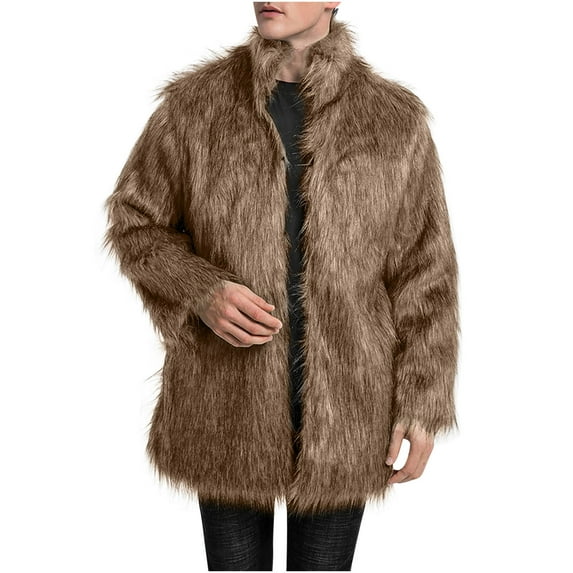 HOOMEUMY Mens Faux Fur Coat Loose Fit Design Casual Workout Long Sleeve Clothes Fashion 2025 Trendy Classic Solid Coat Stand Collar Jacket Brown XL