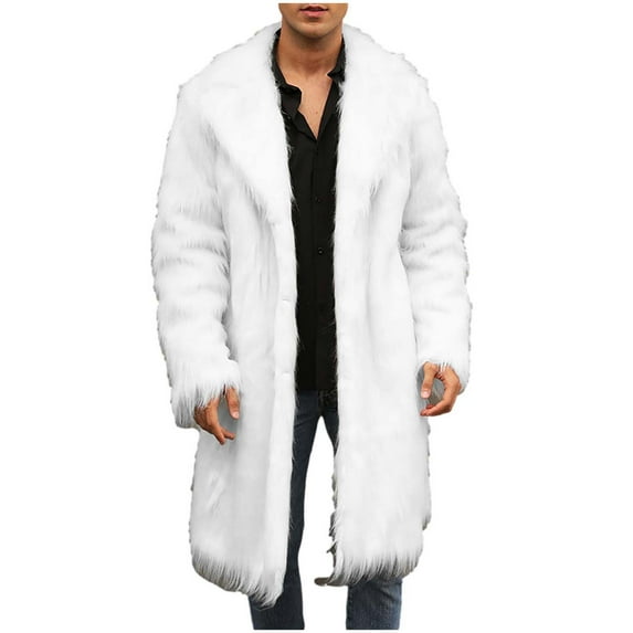 HOOMEUMY Mens Faux Fur Coat Workout Long Sleeve Clothes Fashion 2025 Trendy Classic Solid Coat Turndown Collar Jacket Padded Design Casual White M