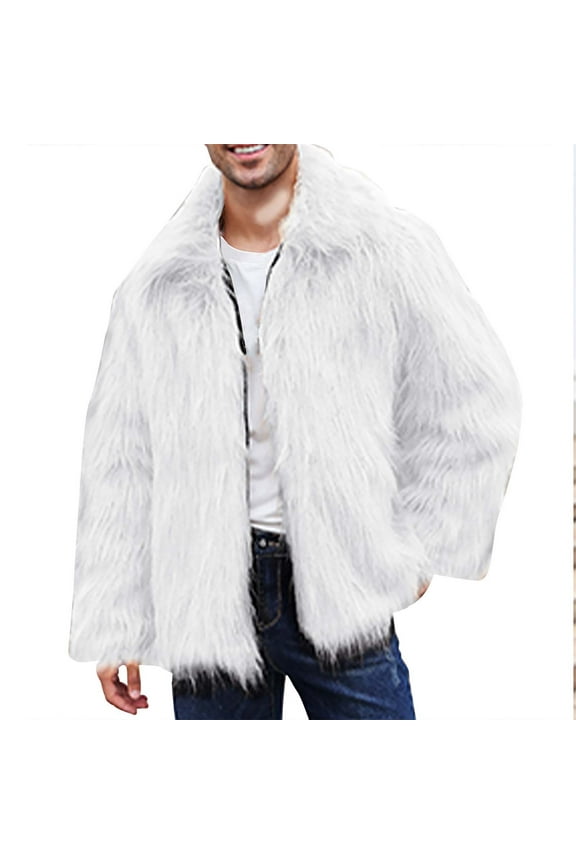 Mens Faux Fur Jacket Long Sleeve Clothes Fashion 2025 Trendy Classic Solid Coat Turndown Collar Jacket Loose Fit Design Casual Workout White L