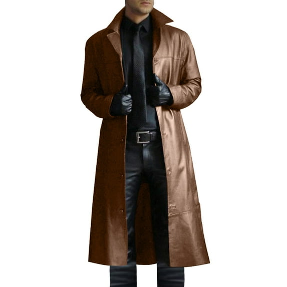 HOOMEUMY Mens Faux Leather Coat Fashion 2025 Trendy Colorblocked Coat Turndown Collar Jacket Pockets Design Casual Workout Long Sleeve Clothes Brown XXXL
