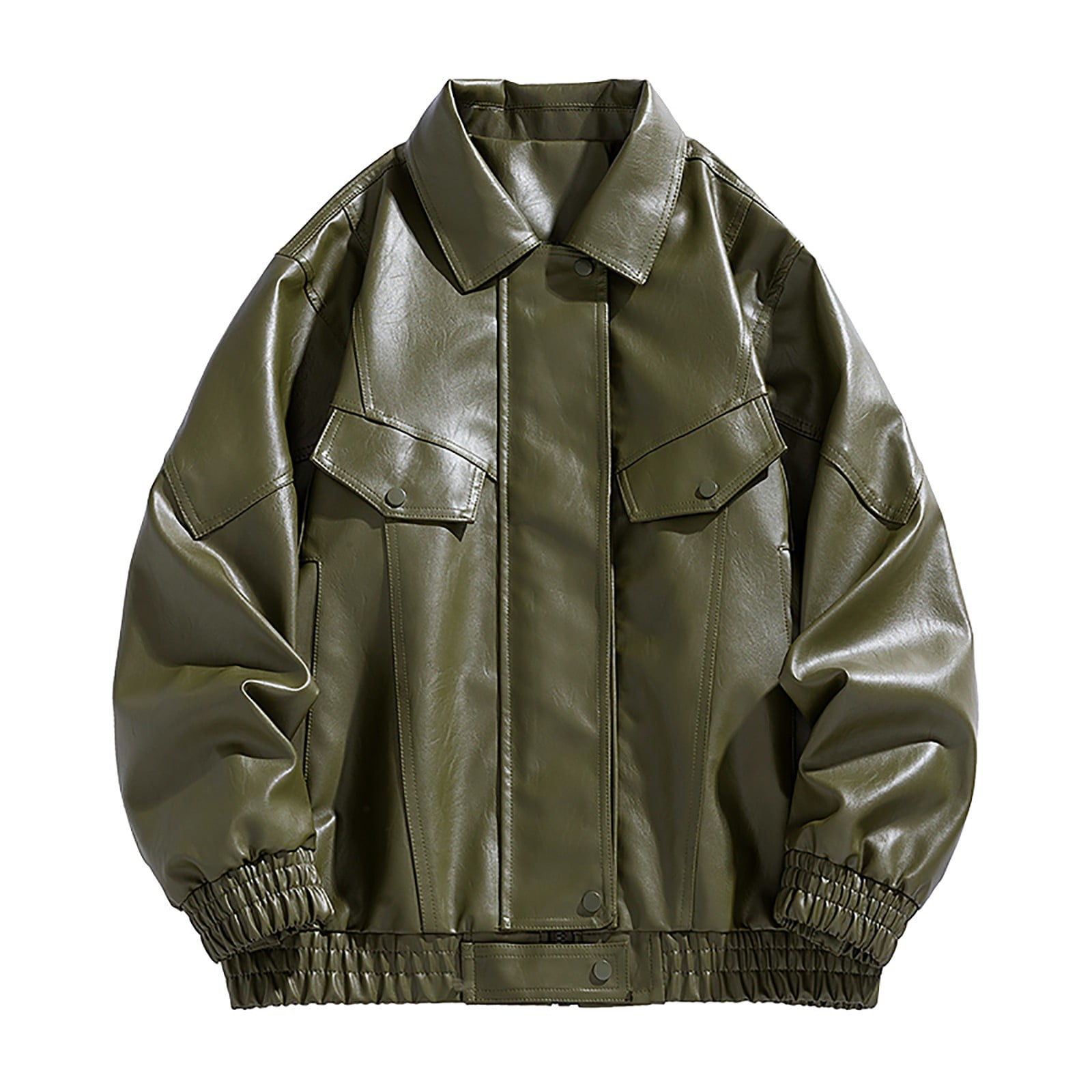 HOOMEUMY Mens Faux Leather Jacket Casual Workout Drop Shoulder Clothes Fashion 2025 Trendy Classic Solid Coat Turndown Collar Design Vintage Loose Fit Biker Outwear Pockets Jacket Green XL