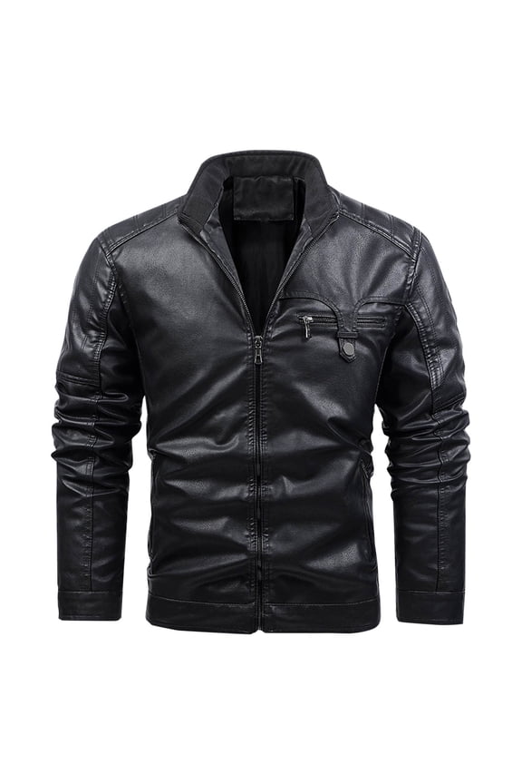 Mens Faux Leather Jacket 2025 Trendy Retro Solid Coat Stand Collar Design Slim Fit Biker Zipper Pockets Motorcycle Jacket Casual Workout Long Sleeve Clothes Fashion Black XL