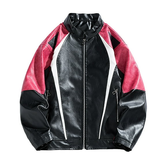 HOOMEUMY Mens Faux Leather Jacket Fashion 2025 Trendy Colorblocked Coat Stand Collar Design Zipper Closure Biker Motorcycle Streetwear Jacket Casual Workout Drop Shoulder Clothes Red M