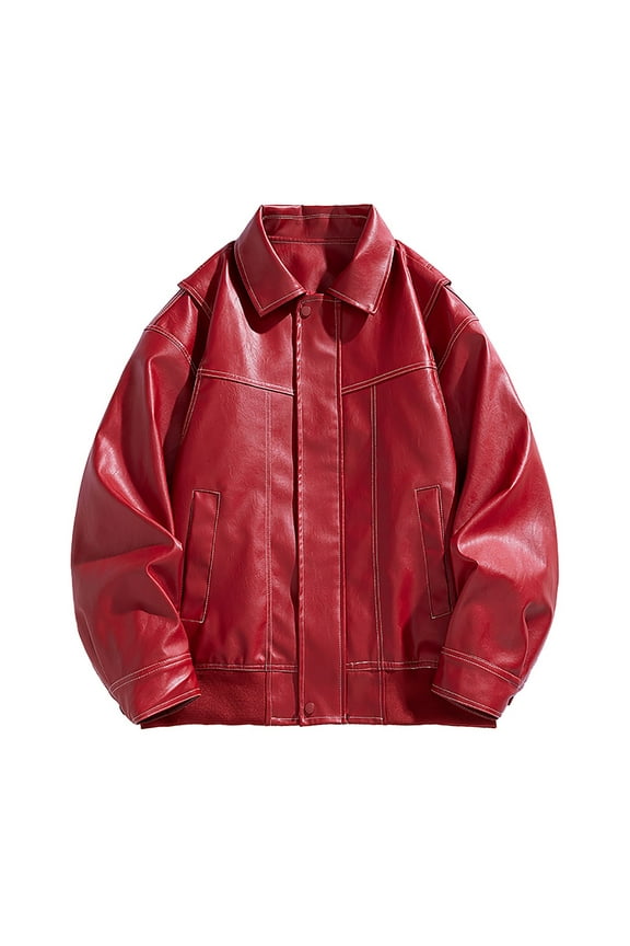 Mens Faux Leather Jacket Vintage Retro Biker Streetwear Jacket Casual Workout Drop Shoulder Clothes Fashion 2025 Trendy Classic Solid Coat Turndown Collar Design Red L