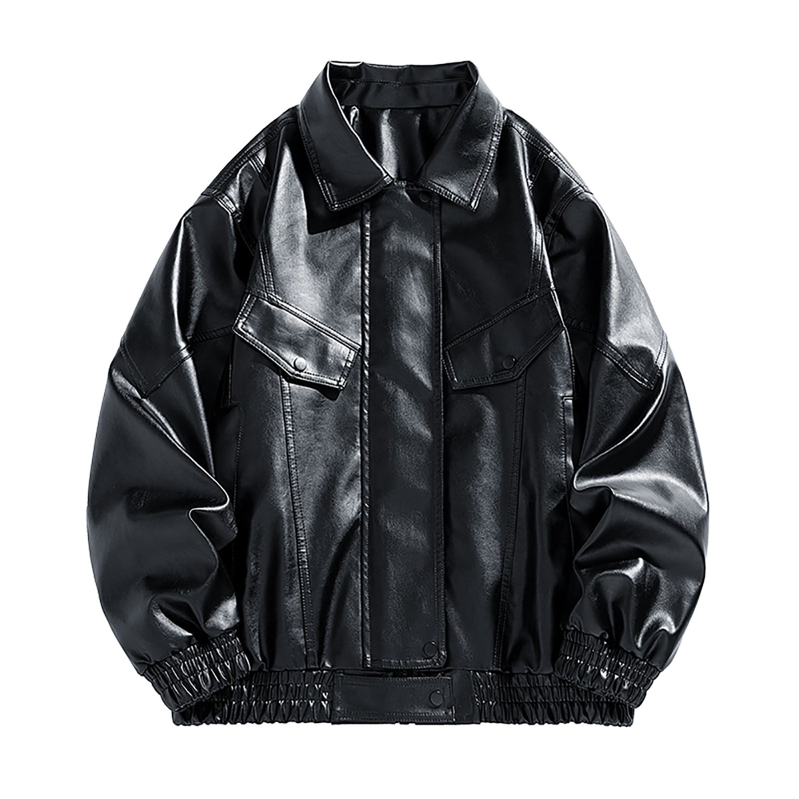 HOOMEUMY Mens Faux Leather Jacket Workout Drop Shoulder Clothes Fashion 2025 Trendy Classic Solid Coat Turndown Collar Design Vintage Loose Fit Biker Outwear Pockets Jacket Casual Black M