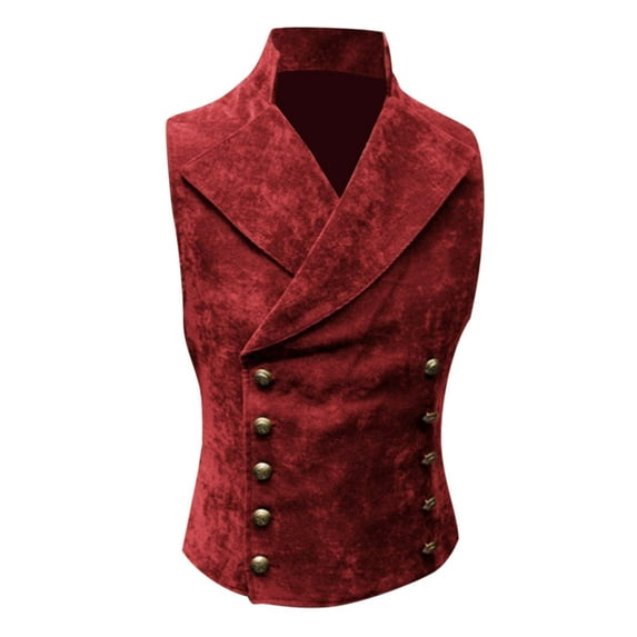 HOOMEUMY Mens Faux Wool Vest 2025 Trendy Retro Solid Coat Stand Collar Design Gothic Steampunk Double Breasted Victorian Vest Casual Workout Sleeveless Clothes Fashion Red XL