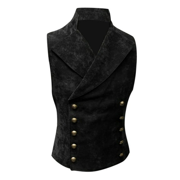 HOOMEUMY Mens Faux Wool Vest Sleeveless Clothes Fashion 2025 Trendy Retro Solid Coat Stand Collar Design Gothic Steampunk Double Breasted Victorian Vest Casual Workout Black XL