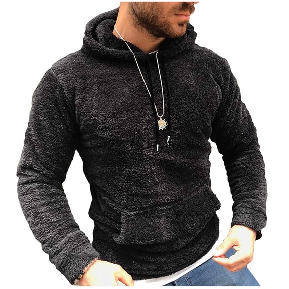HOOMEUMY Mens Fleece Hoodie Sweatshirts Loose Fit Blouse Casual Basic Long Sleeve Shirts Fashion 2025 Trendy Classic Solid Design Crew Neck Tops Black S