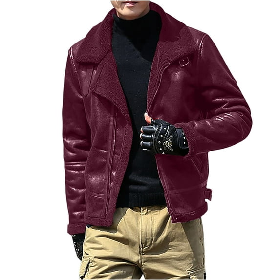 HOOMEUMY Mens Fleece Lined Cotton Jacket Turndown Collar Jacket Padded Design Casual Workout Long Sleeve Clothes Fashion 2025 Trendy Classic Solid Coat Wine XL