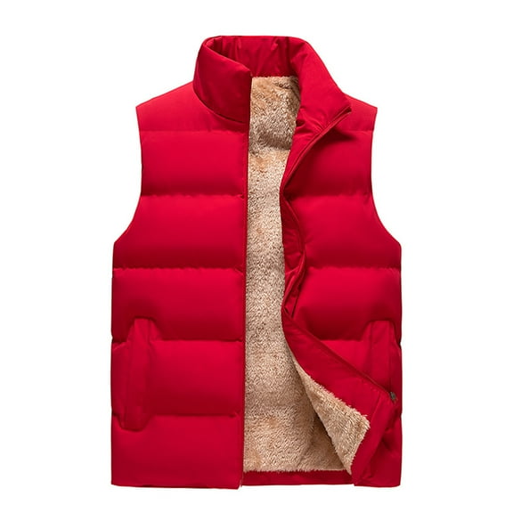 HOOMEUMY Mens Fleece Lined Cotton Vest 2025 Trendy Classic Solid Coat Stand Collar Jacket Pockets Design Casual Workout Sleeveless Clothes Fashion Red XXL