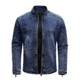 thumbnail image 1 of HOOMEUMY Mens Fleece Lined Denim Jacket Long Sleeve Clothes Fashion 2025 Trendy Classic Solid Coat Stand Collar Jacket Padded Design Casual Workout Blue XL, 1 of 9