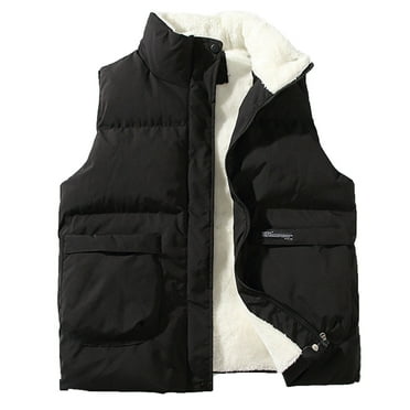 HOOMEUMY Mens Fleece Lined Down Vest Deals Sleeveless Clothes Fashion 2024 Trendy Classic Solid Coat Turndown Collar Jacket Padded Design Casual Workout Black L