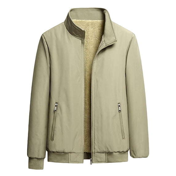 HOOMEUMY Mens Fleece Lined Jacket Classic Solid Coat Stand Collar Jacket Thicken Design Casual Workout Long Sleeve Clothes Fashion 2025 Trendy Khaki M