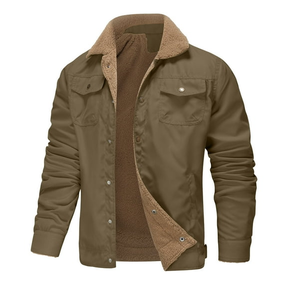 HOOMEUMY Mens Fleece Lined Jacket Deals Colorblocked Coat Turndown Collar Jacket Padded Design Casual Workout Long Sleeve Clothes Fashion 2024 Trendy Army Green 5XL