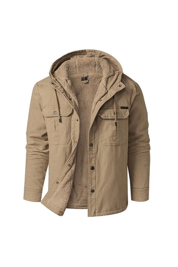 Mens Fleece Lined Jacket Thicken Design Casual Workout Long Sleeve Clothes Fashion 2025 Trendy Classic Solid Coat Crew Neck Jacket Khaki M