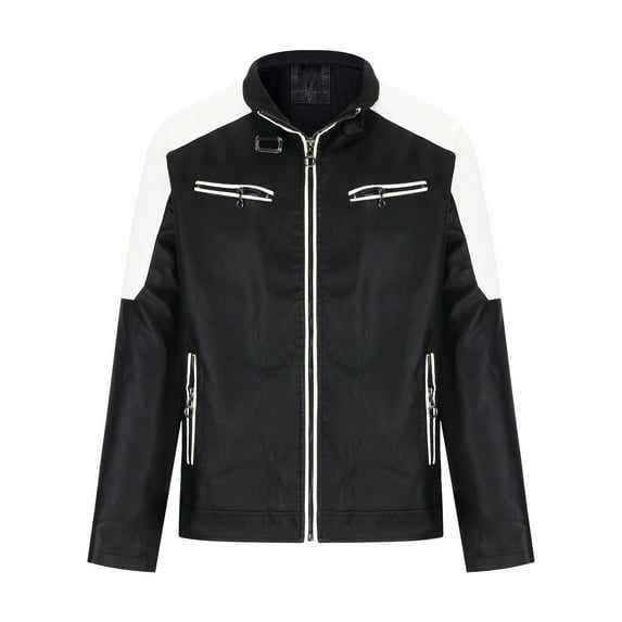 HOOMEUMY Mens Fleece Lined Leather Jacket 2025 Trendy Colorblocked Coat Stand Collar Jacket Padded Design Casual Workout Long Sleeve Clothes Fashion Black S